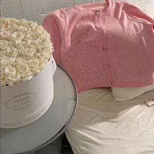 Nanette Lepore Pink Sequin Front Cardigan with Gold Buttons